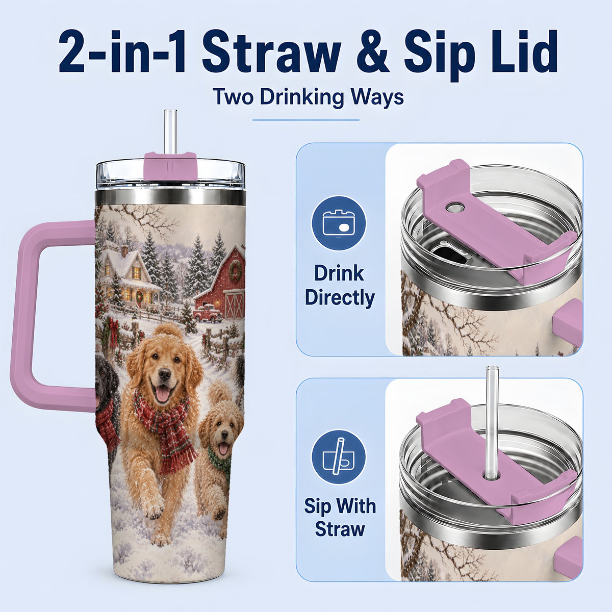 #pl[40oz|Pink] Christmas Dogs 40oz Tumbler, Stainless Steel Snowy Holiday Drinkware