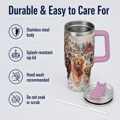 #pl[40oz|Pink] Christmas Dogs 40oz Tumbler, Stainless Steel Snowy Holiday Drinkware