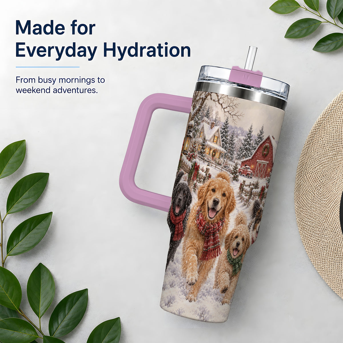 #pl[40oz|Pink] Christmas Dogs 40oz Tumbler, Stainless Steel Snowy Holiday Drinkware