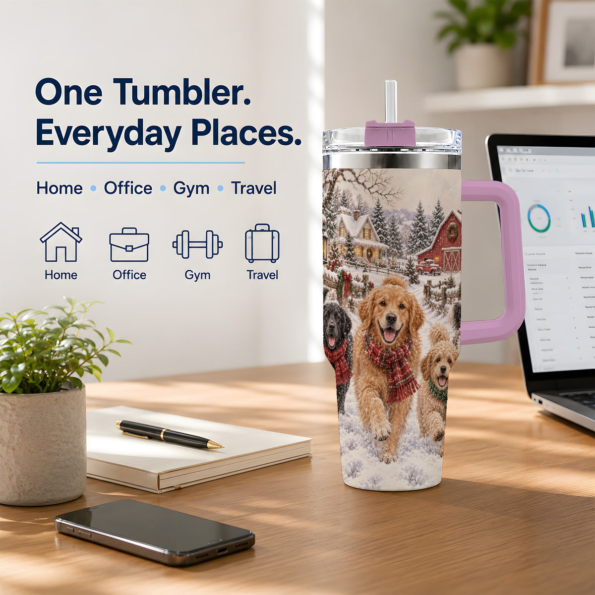 #pl[40oz|Pink] Christmas Dogs 40oz Tumbler, Stainless Steel Snowy Holiday Drinkware