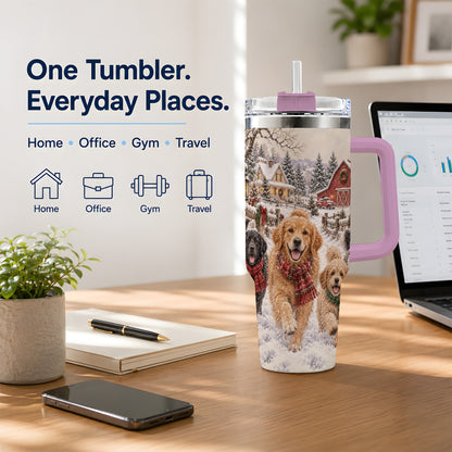 #pl[40oz|Pink] Christmas Dogs 40oz Tumbler, Stainless Steel Snowy Holiday Drinkware