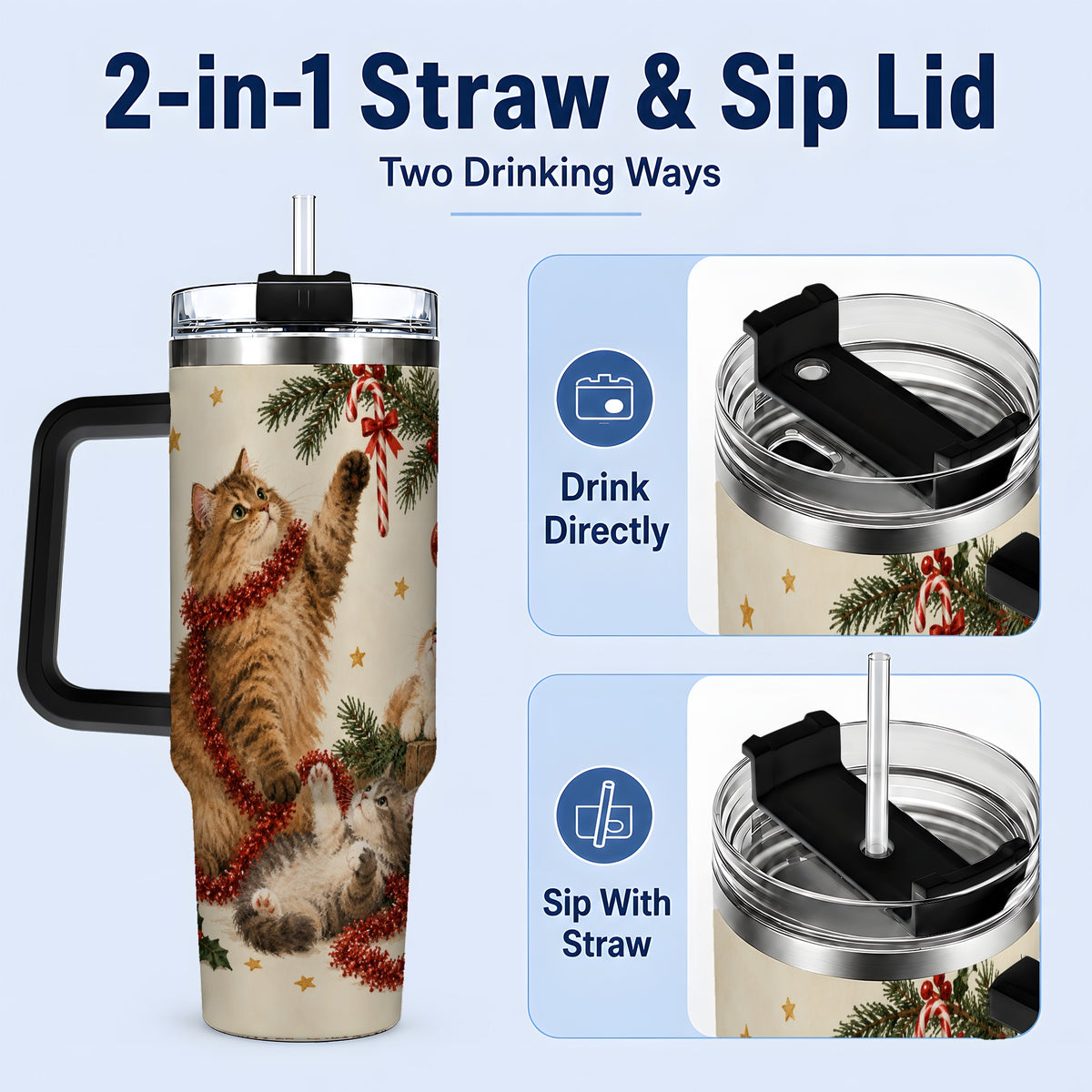 #pl[40oz|Black] Christmas Cats 40oz Tumbler, Stainless Steel Festive Holiday Artwork
