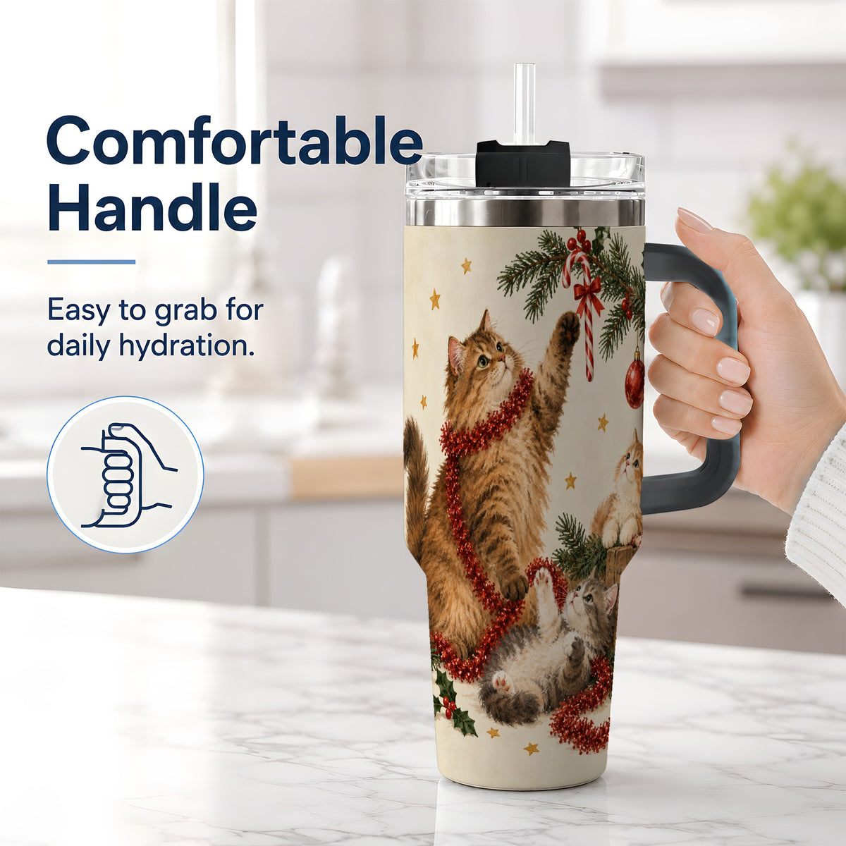 #pl[40oz|Black] Christmas Cats 40oz Tumbler, Stainless Steel Festive Holiday Artwork