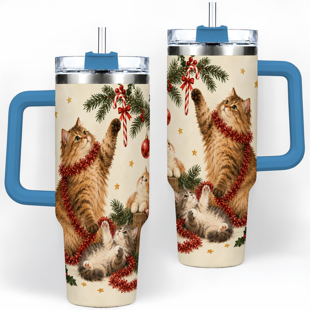 #pl[40oz|Blue] Christmas Cats 40oz Tumbler, Stainless Steel Festive Holiday Artwork