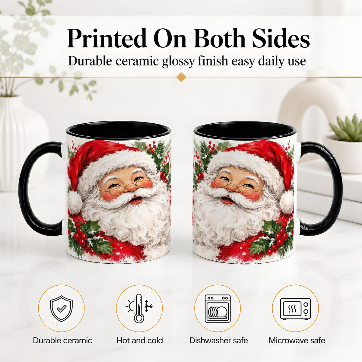 #pl[11oz|Black] Santa Claus Christmas Accent Mug, Ceramic Coffee Cup for Holiday Use