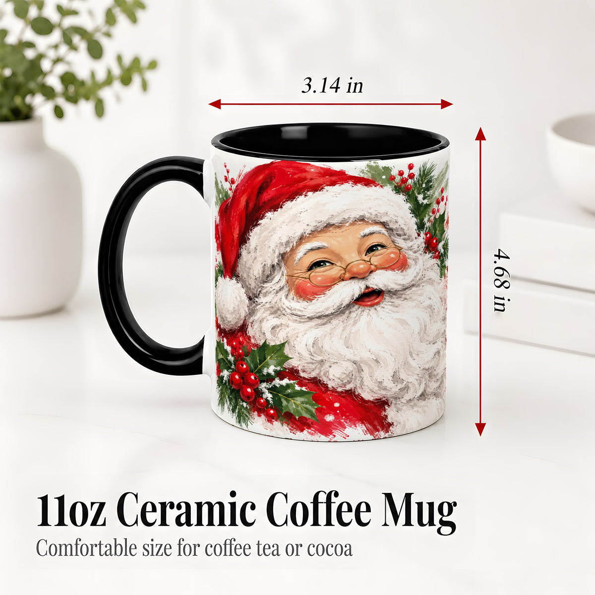 #pl[11oz|Black] Santa Claus Christmas Accent Mug, Ceramic Coffee Cup for Holiday Use