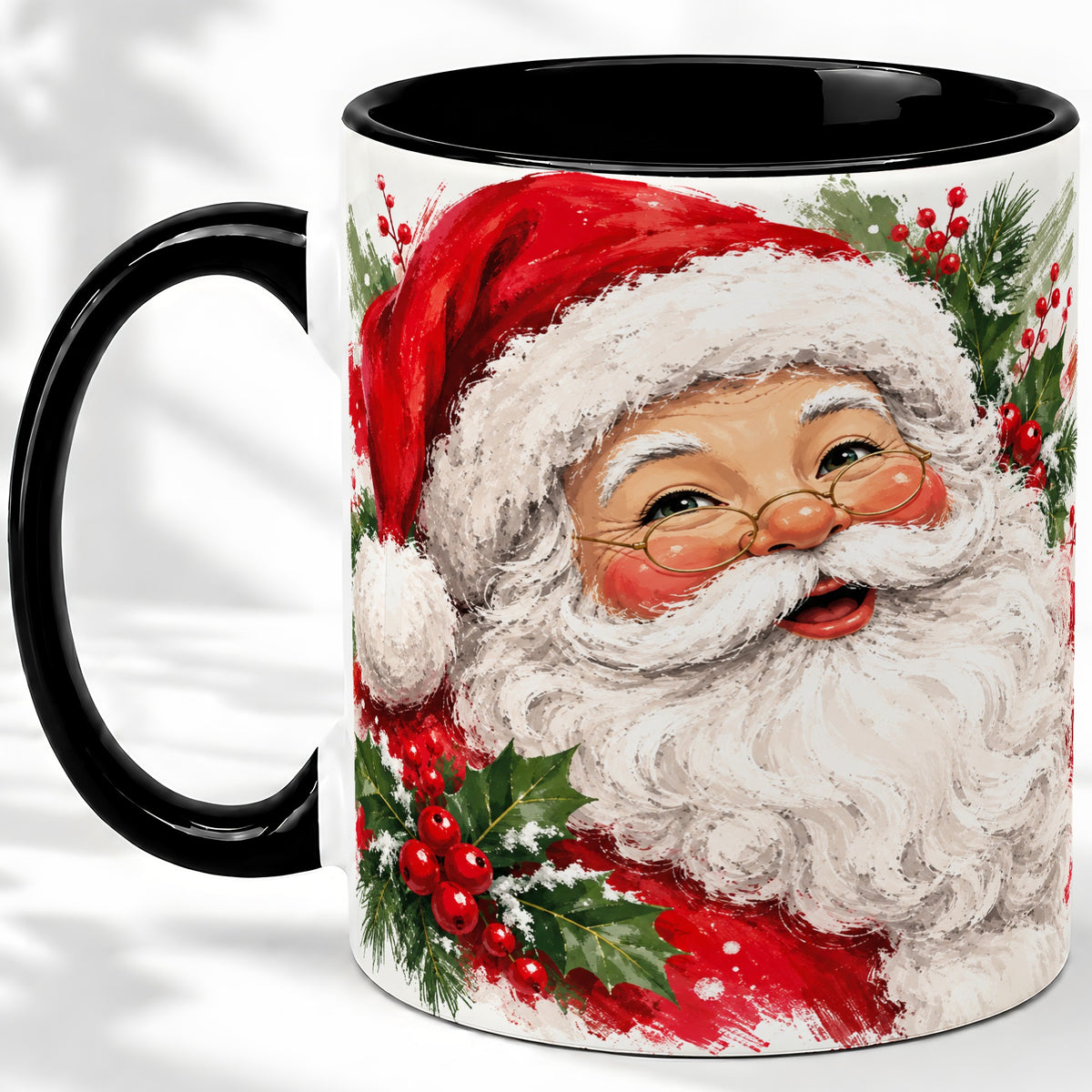 #pl[11oz|Black] Santa Claus Christmas Accent Mug, Ceramic Coffee Cup for Holiday Use