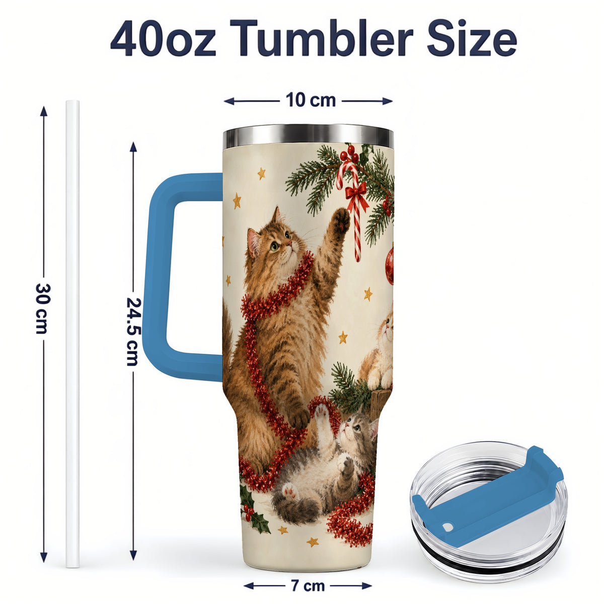 #pl[40oz|Blue] Christmas Cats 40oz Tumbler, Stainless Steel Festive Holiday Artwork