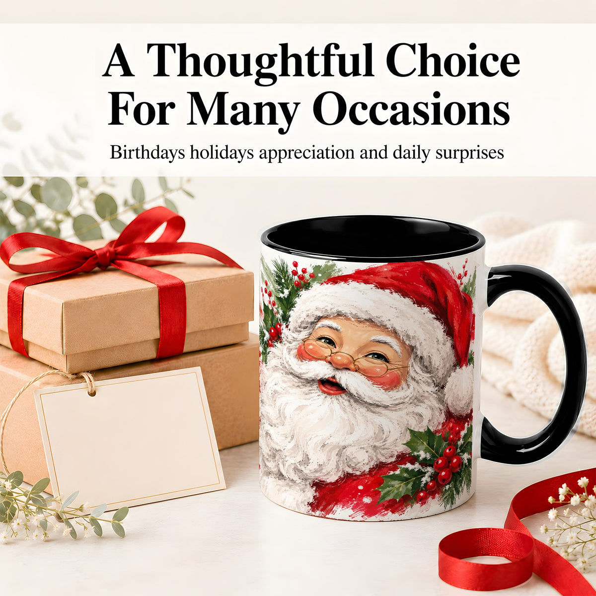 #pl[11oz|Black] Santa Claus Christmas Accent Mug, Ceramic Coffee Cup for Holiday Use