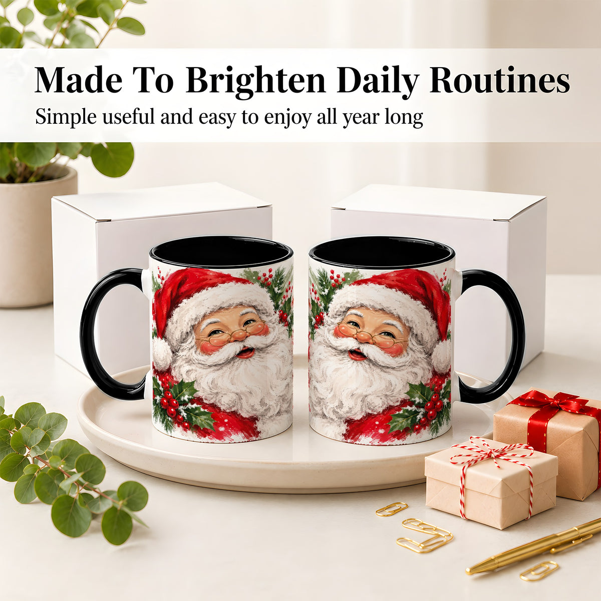 #pl[11oz|Black] Santa Claus Christmas Accent Mug, Ceramic Coffee Cup for Holiday Use