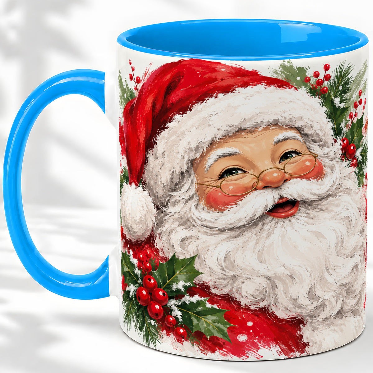 #pl[11oz|Blue] Santa Claus Christmas Accent Mug, Ceramic Coffee Cup for Holiday Use