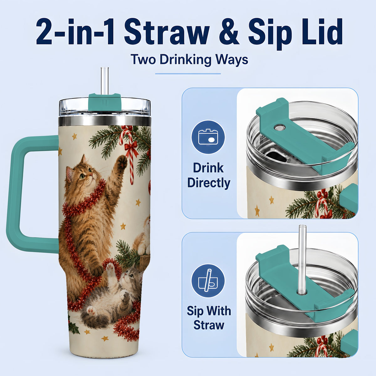 #pl[40oz|Green] Christmas Cats 40oz Tumbler, Stainless Steel Festive Holiday Artwork