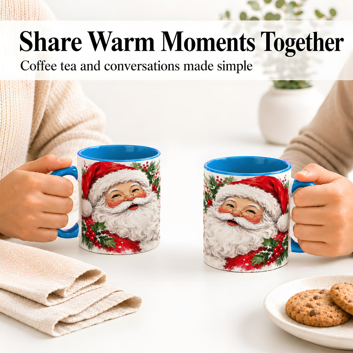#pl[11oz|Blue] Santa Claus Christmas Accent Mug, Ceramic Coffee Cup for Holiday Use