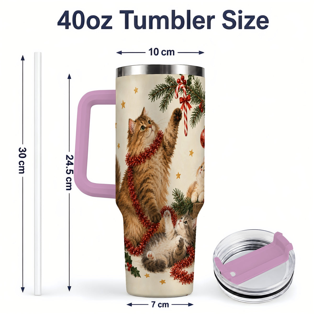 #pl[40oz|Pink] Christmas Cats 40oz Tumbler, Stainless Steel Festive Holiday Artwork