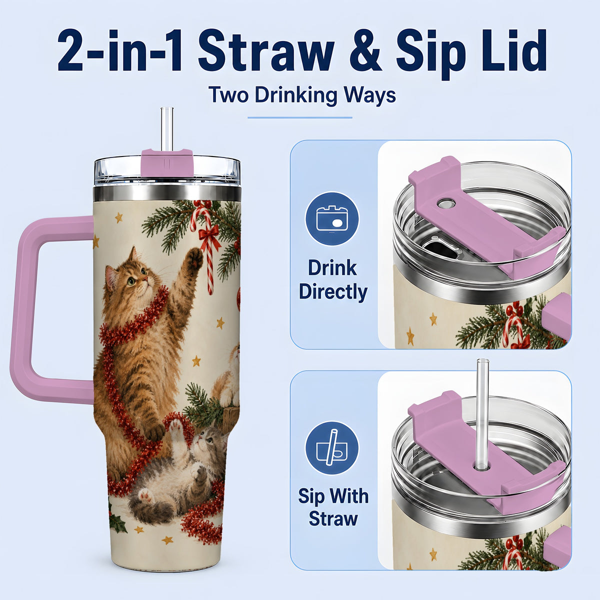 #pl[40oz|Pink] Christmas Cats 40oz Tumbler, Stainless Steel Festive Holiday Artwork