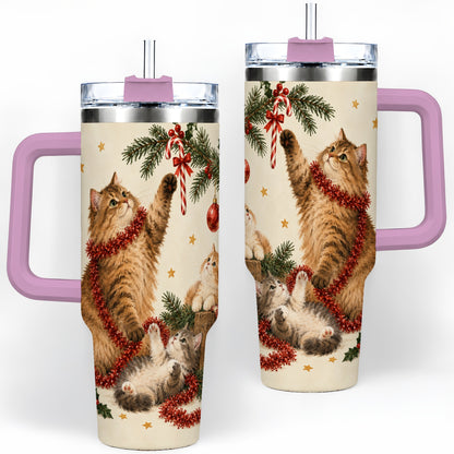 #pl[40oz|Pink] Christmas Cats 40oz Tumbler, Stainless Steel Festive Holiday Artwork