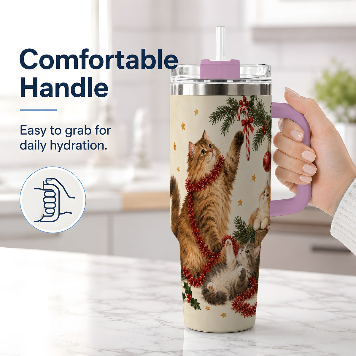 #pl[40oz|Pink] Christmas Cats 40oz Tumbler, Stainless Steel Festive Holiday Artwork