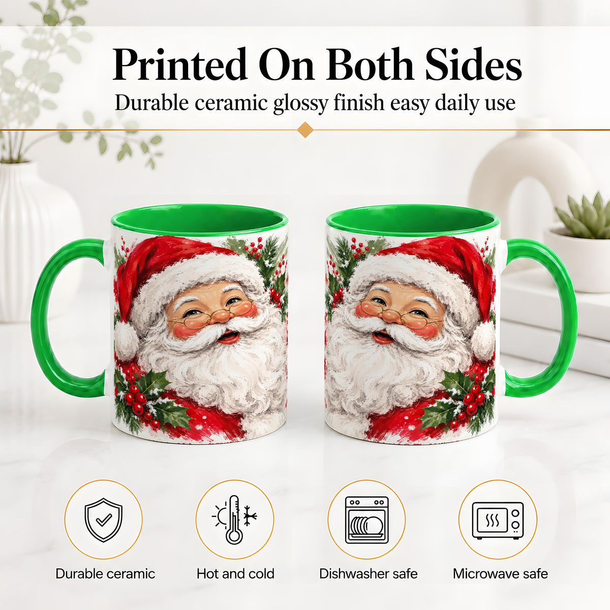 #pl[11oz|Green] Santa Claus Christmas Accent Mug, Ceramic Coffee Cup for Holiday Use