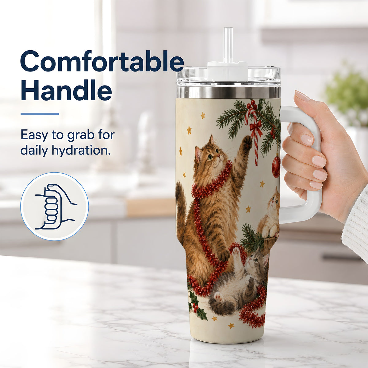 #pl[40oz|White] Christmas Cats 40oz Tumbler, Stainless Steel Festive Holiday Artwork