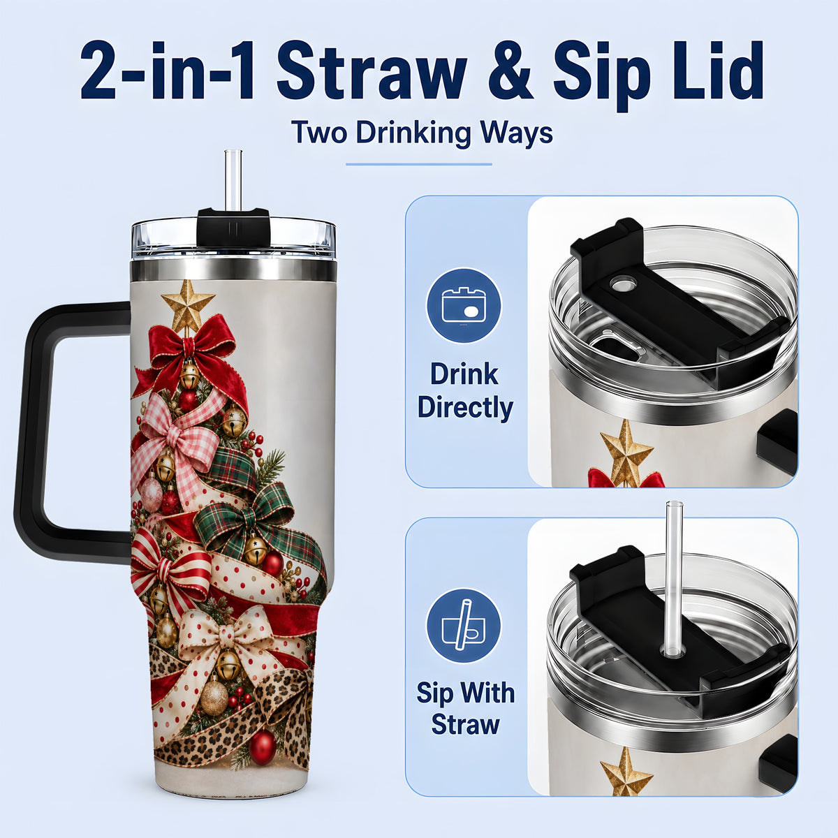 #pl[40oz|Black] Ribbon Christmas Tree 40oz Tumbler, Stainless Steel Holiday Drinkware