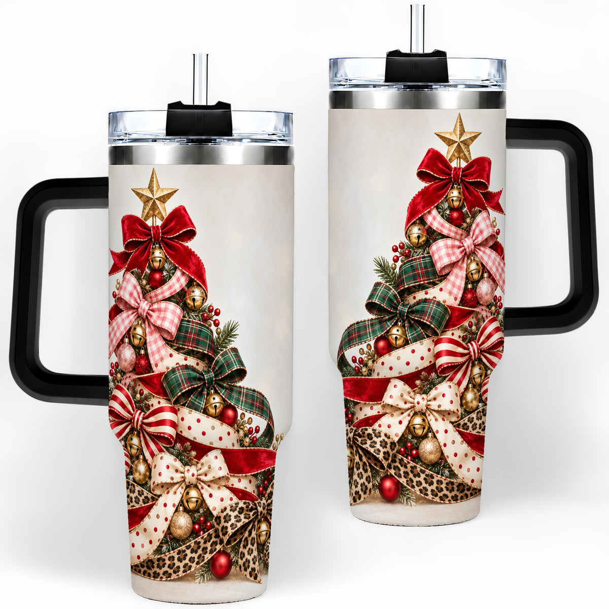 #pl[40oz|Black] Ribbon Christmas Tree 40oz Tumbler, Stainless Steel Holiday Drinkware