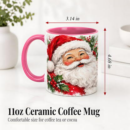#pl[11oz|Pink] Santa Claus Christmas Accent Mug, Ceramic Coffee Cup for Holiday Use