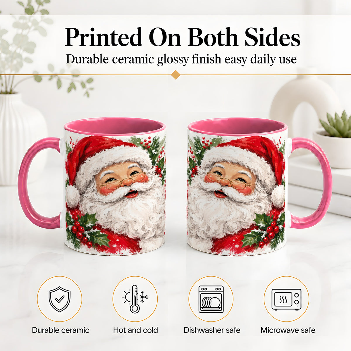 #pl[11oz|Pink] Santa Claus Christmas Accent Mug, Ceramic Coffee Cup for Holiday Use