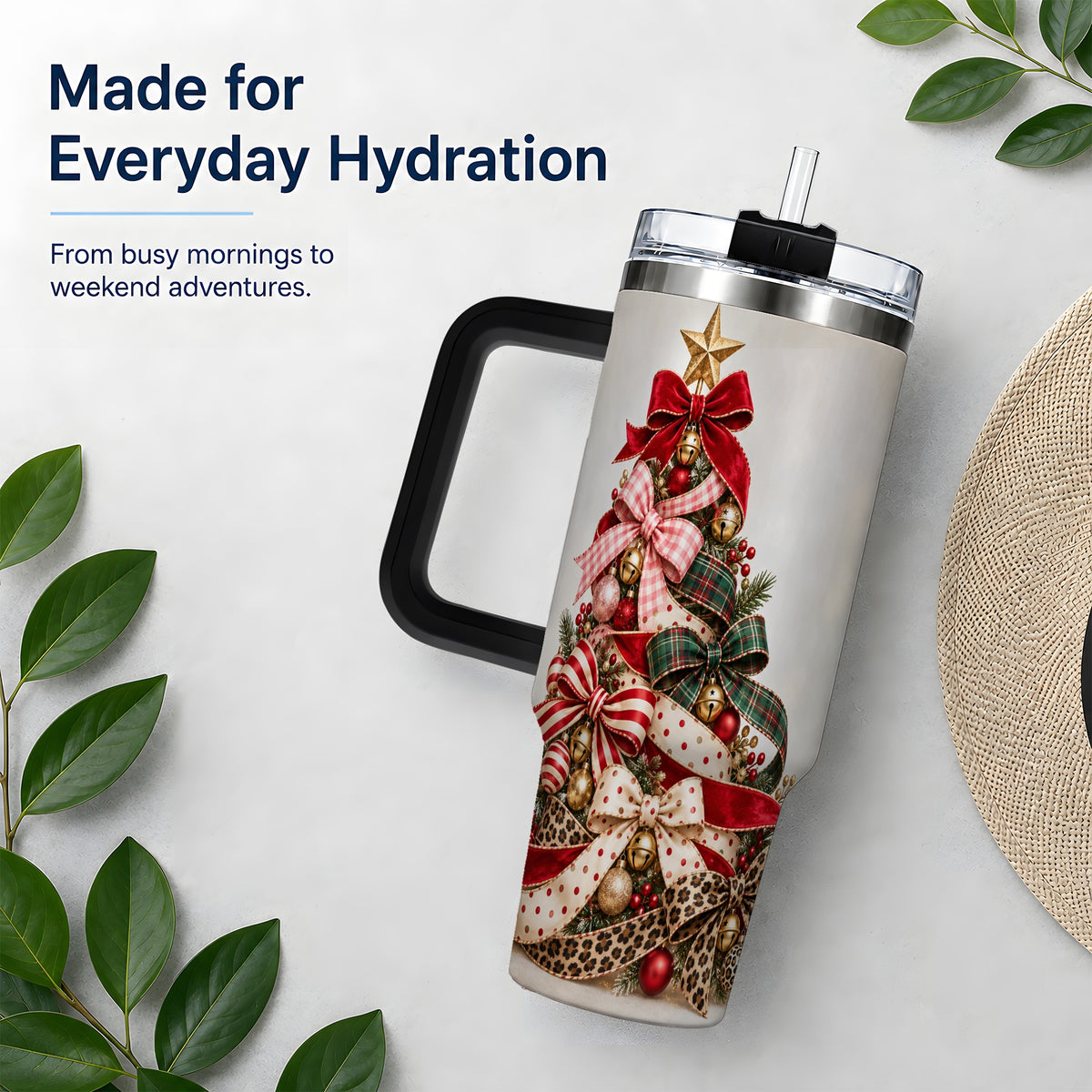 #pl[40oz|Black] Ribbon Christmas Tree 40oz Tumbler, Stainless Steel Holiday Drinkware