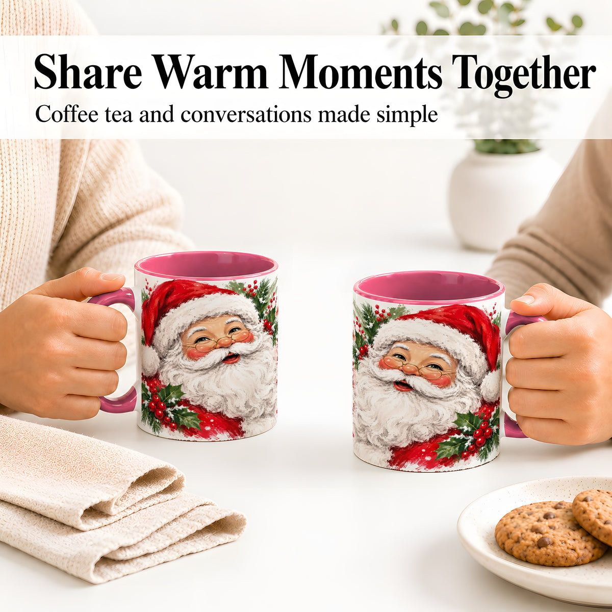 #pl[11oz|Pink] Santa Claus Christmas Accent Mug, Ceramic Coffee Cup for Holiday Use