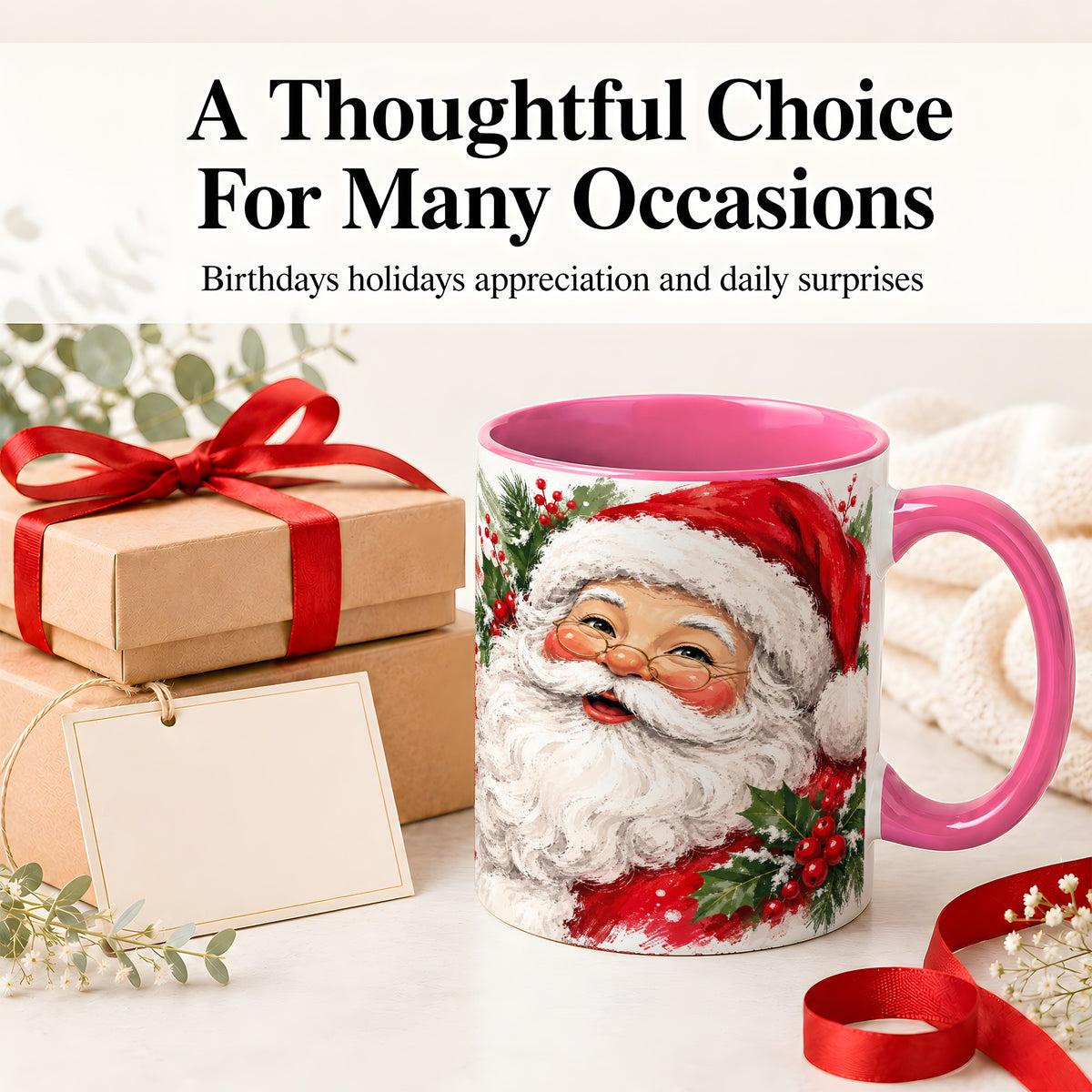 #pl[11oz|Pink] Santa Claus Christmas Accent Mug, Ceramic Coffee Cup for Holiday Use