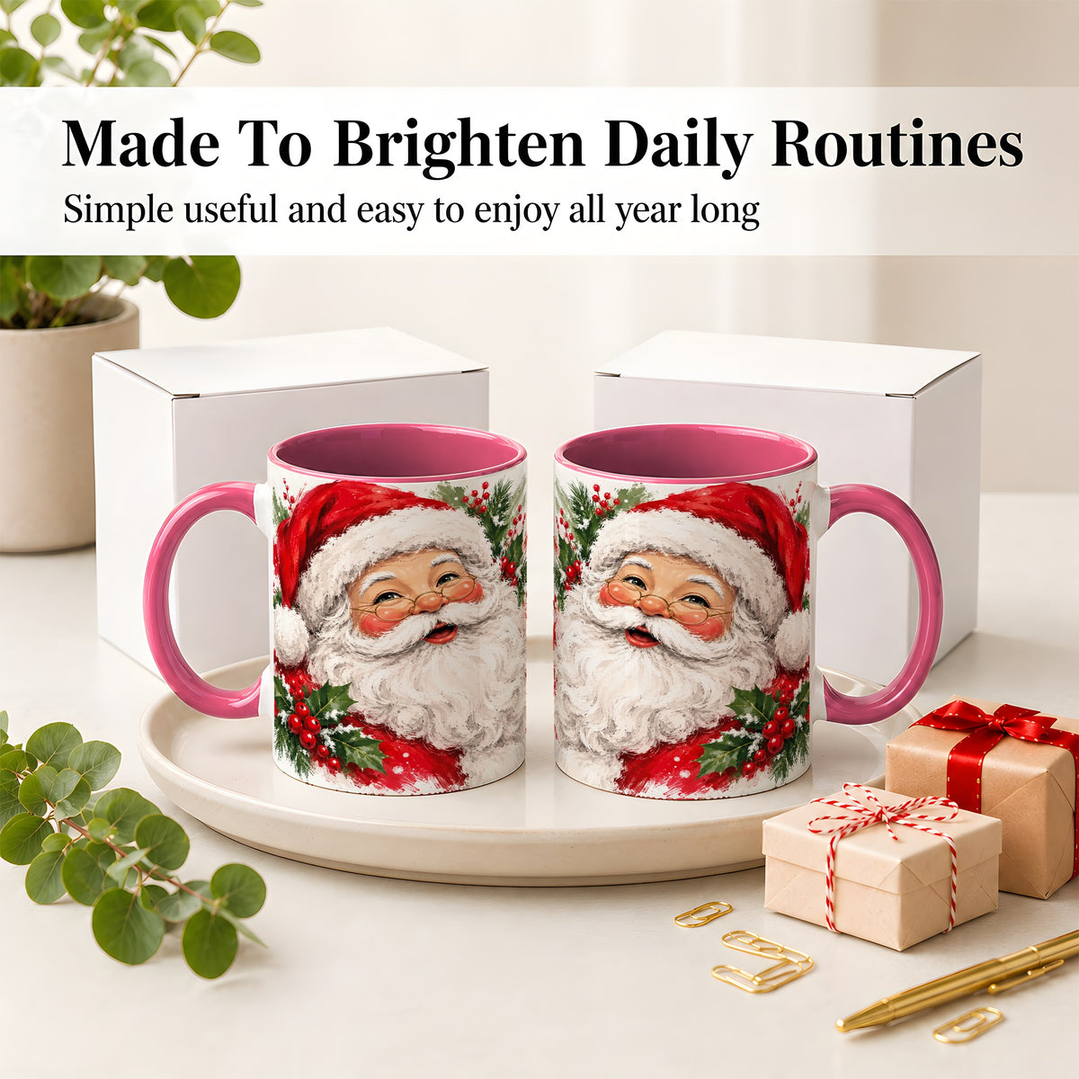 #pl[11oz|Pink] Santa Claus Christmas Accent Mug, Ceramic Coffee Cup for Holiday Use