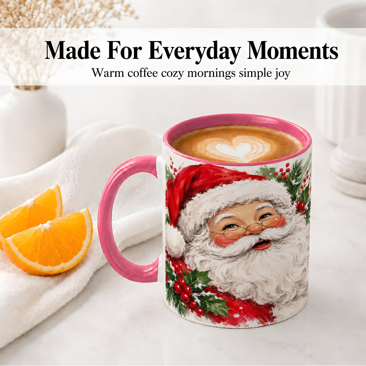 #pl[11oz|Pink] Santa Claus Christmas Accent Mug, Ceramic Coffee Cup for Holiday Use