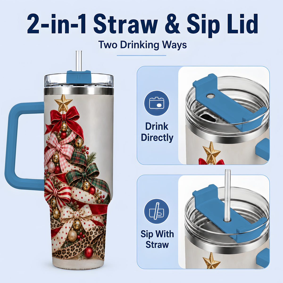 #pl[40oz|Blue] Ribbon Christmas Tree 40oz Tumbler, Stainless Steel Holiday Drinkware