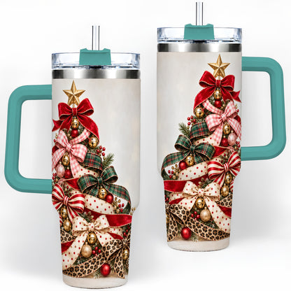 #pl[40oz|Green] Ribbon Christmas Tree 40oz Tumbler, Stainless Steel Holiday Drinkware