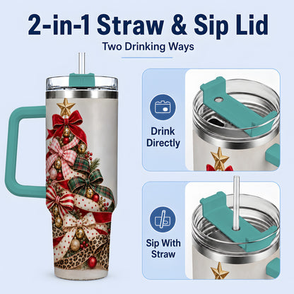 #pl[40oz|Green] Ribbon Christmas Tree 40oz Tumbler, Stainless Steel Holiday Drinkware