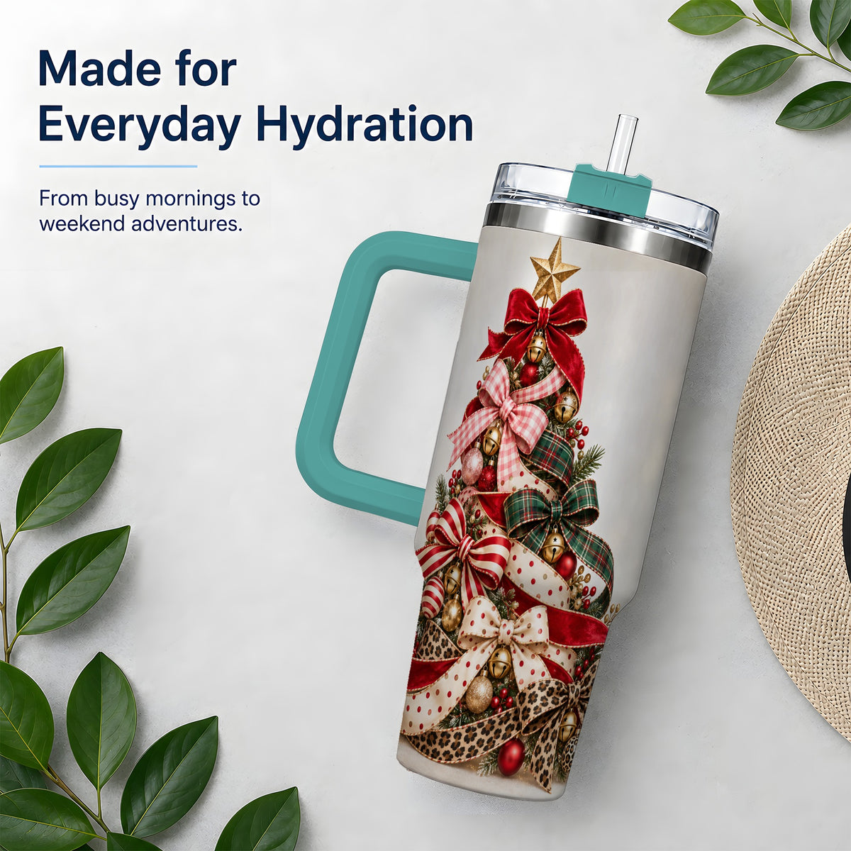 #pl[40oz|Green] Ribbon Christmas Tree 40oz Tumbler, Stainless Steel Holiday Drinkware