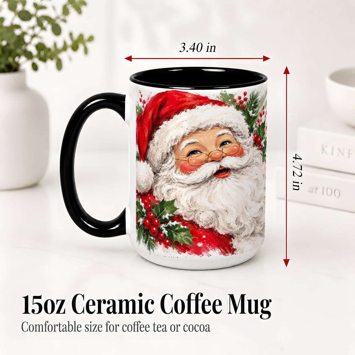 #pl[15oz|Black] Santa Claus Christmas Accent Mug, Ceramic Coffee Cup for Holiday Use
