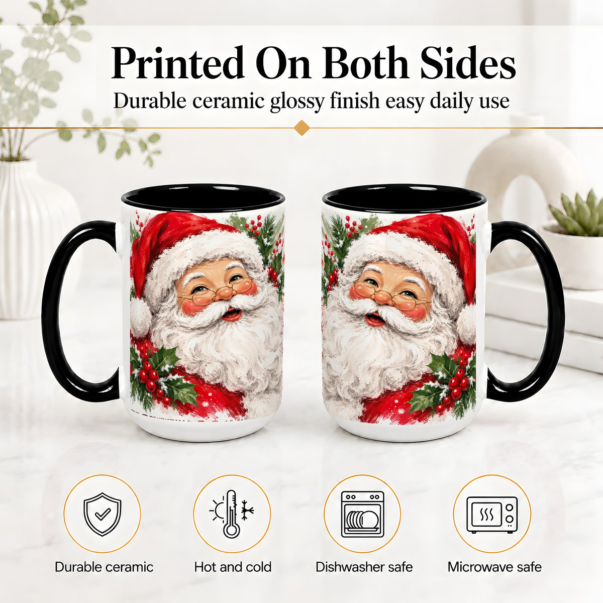 #pl[15oz|Black] Santa Claus Christmas Accent Mug, Ceramic Coffee Cup for Holiday Use