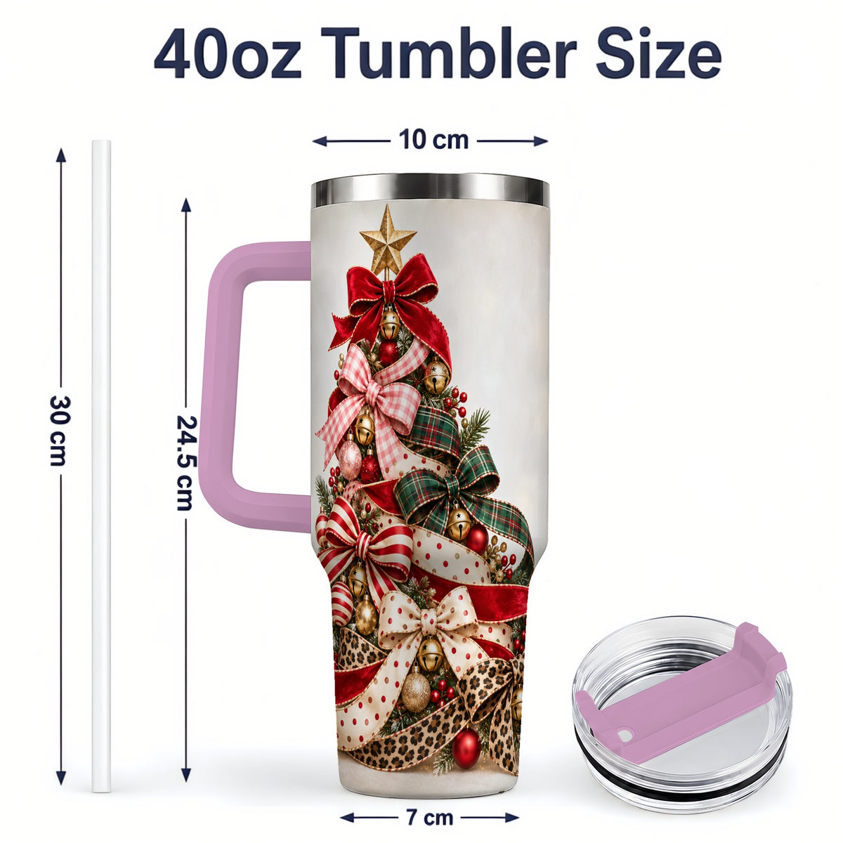 #pl[40oz|Pink] Ribbon Christmas Tree 40oz Tumbler, Stainless Steel Holiday Drinkware