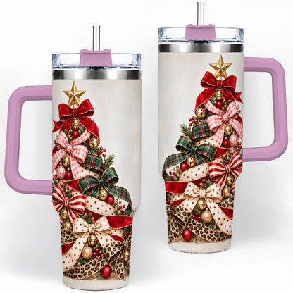 #pl[40oz|Pink] Ribbon Christmas Tree 40oz Tumbler, Stainless Steel Holiday Drinkware