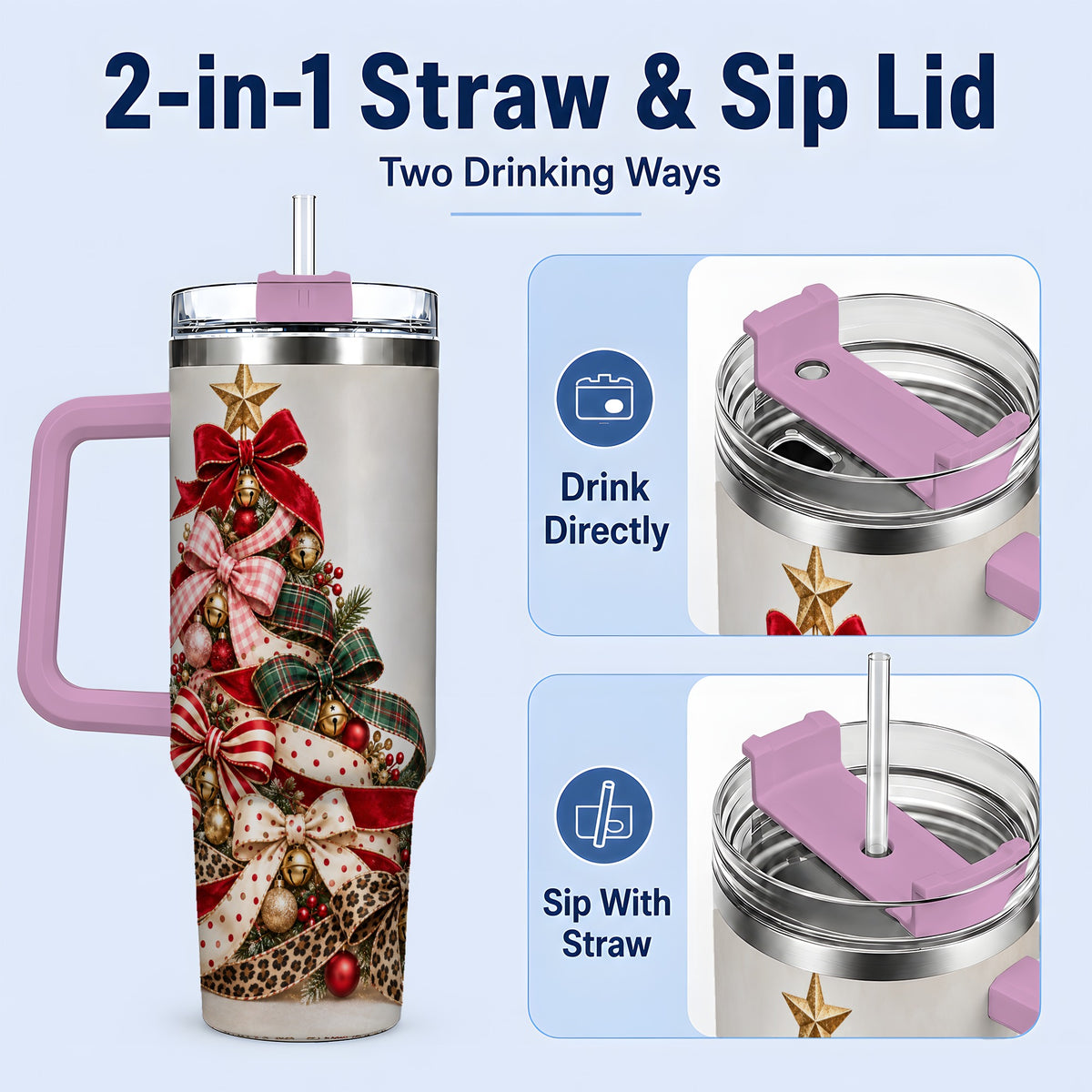 #pl[40oz|Pink] Ribbon Christmas Tree 40oz Tumbler, Stainless Steel Holiday Drinkware
