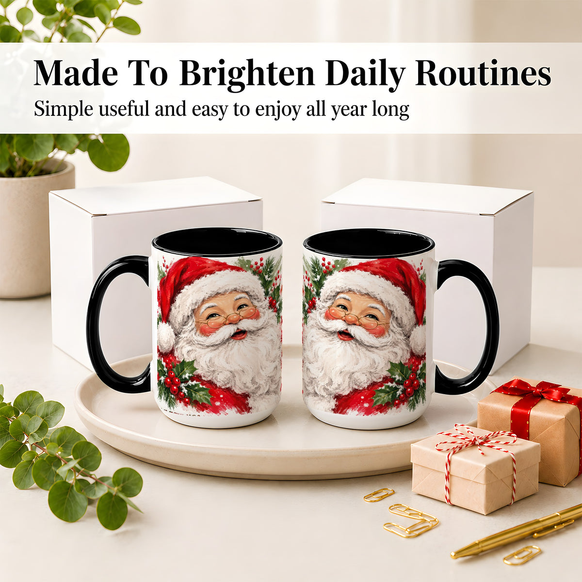 #pl[15oz|Black] Santa Claus Christmas Accent Mug, Ceramic Coffee Cup for Holiday Use