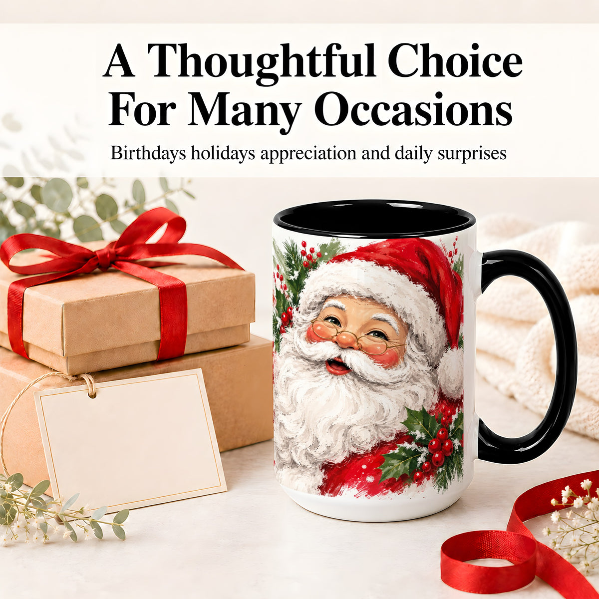 #pl[15oz|Black] Santa Claus Christmas Accent Mug, Ceramic Coffee Cup for Holiday Use