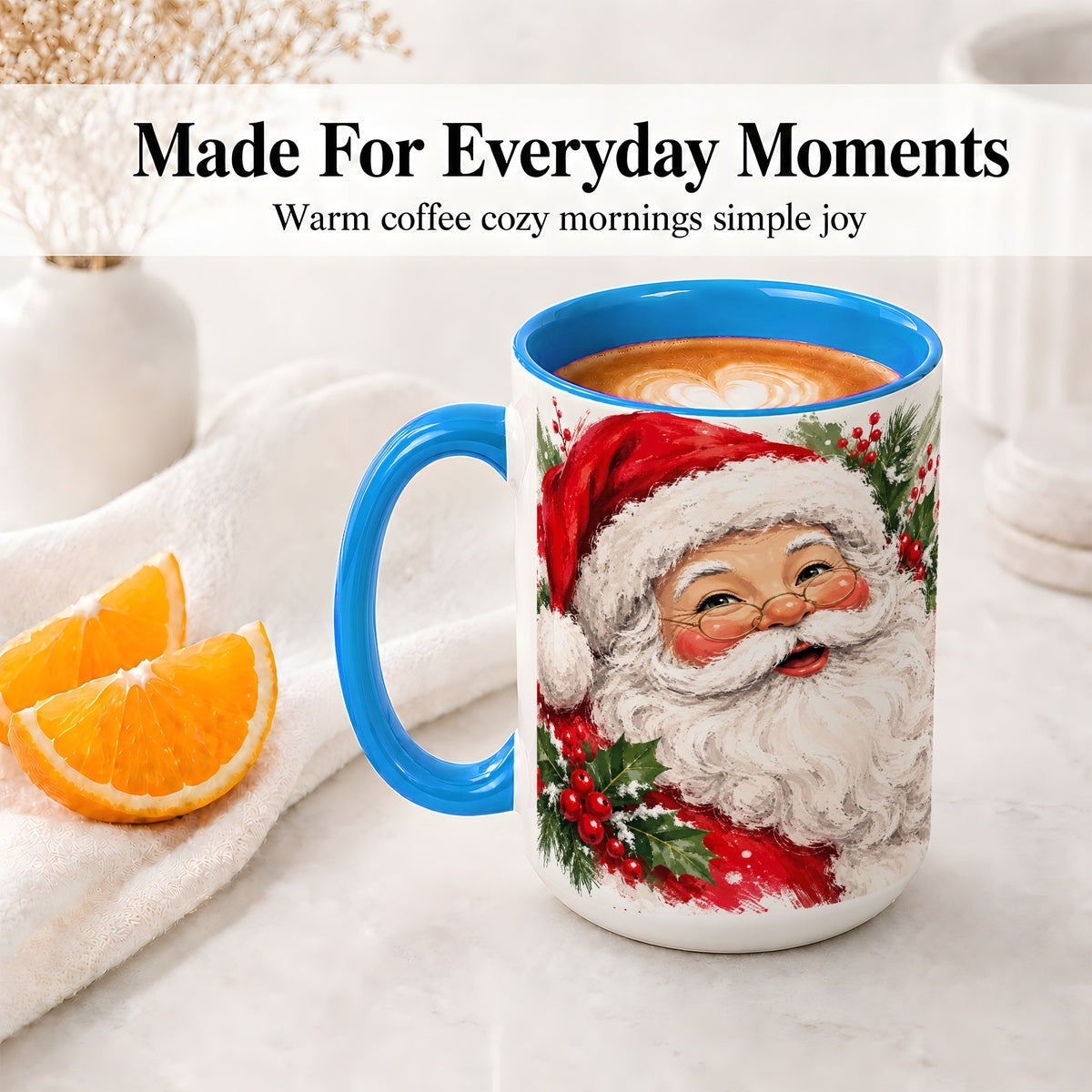 #pl[15oz|Blue] Santa Claus Christmas Accent Mug, Ceramic Coffee Cup for Holiday Use