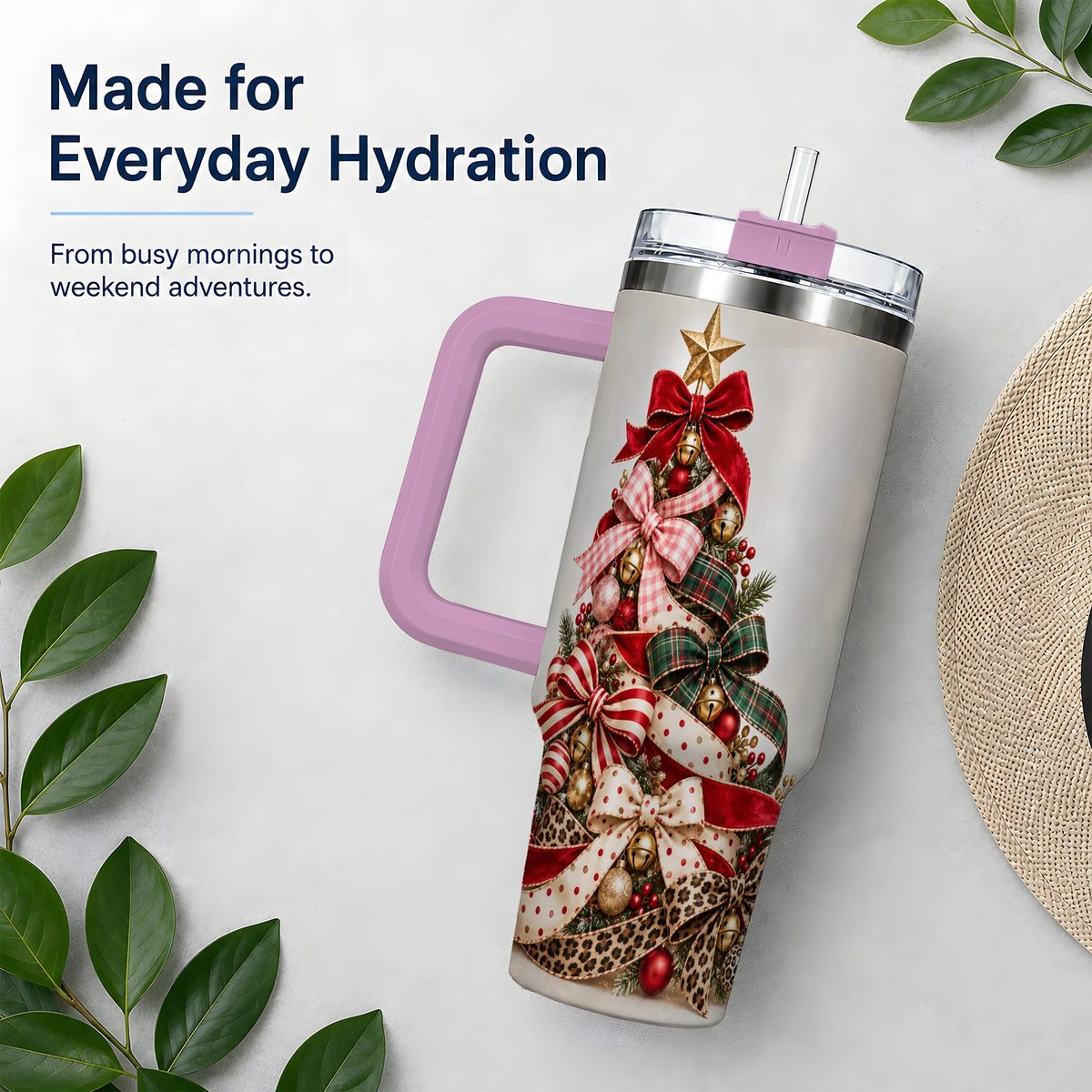 #pl[40oz|Pink] Ribbon Christmas Tree 40oz Tumbler, Stainless Steel Holiday Drinkware