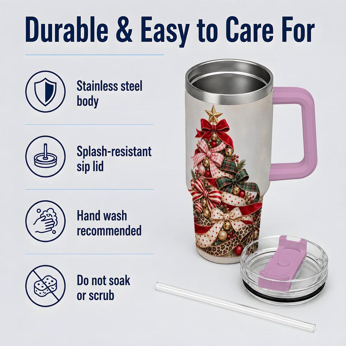 #pl[40oz|Pink] Ribbon Christmas Tree 40oz Tumbler, Stainless Steel Holiday Drinkware