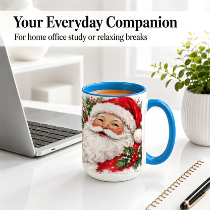 #pl[15oz|Blue] Santa Claus Christmas Accent Mug, Ceramic Coffee Cup for Holiday Use