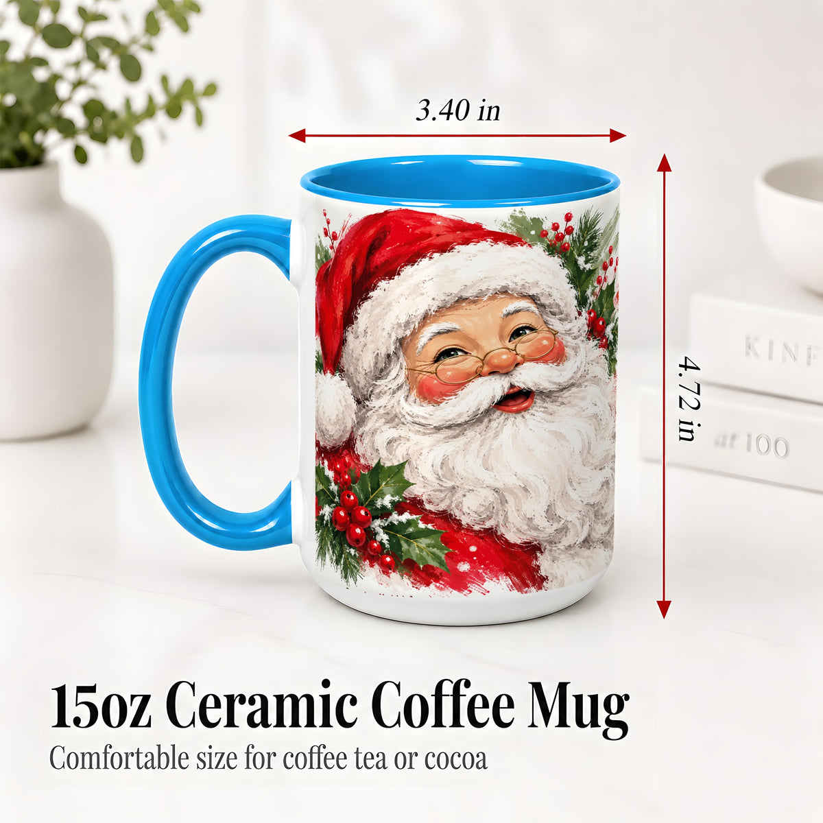 #pl[15oz|Blue] Santa Claus Christmas Accent Mug, Ceramic Coffee Cup for Holiday Use