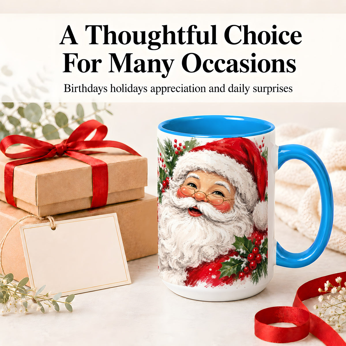 #pl[15oz|Blue] Santa Claus Christmas Accent Mug, Ceramic Coffee Cup for Holiday Use
