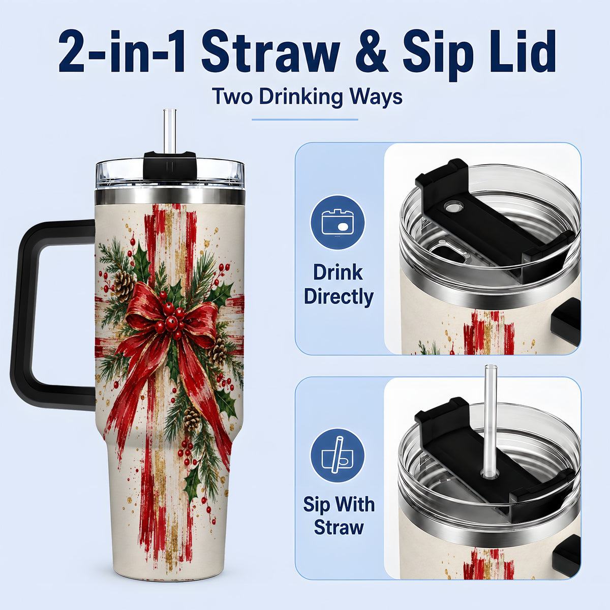 #pl[40oz|Black] Christmas Cross 40oz Tumbler, Stainless Steel Faith Holiday Artwork